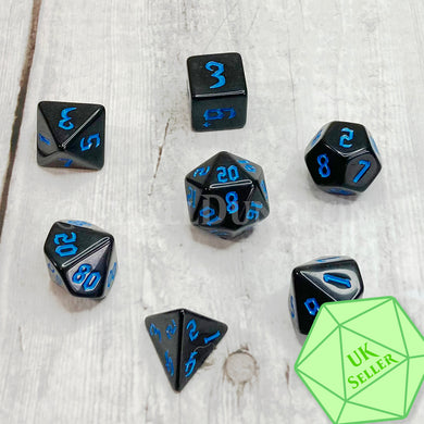 Classic Black Poly Dice Set With Blue Numerals