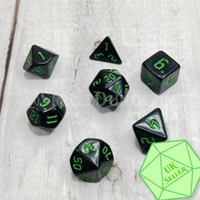Load image into Gallery viewer, Classic Black Poly Dice Set With Green Numerals
