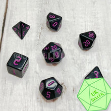 Load image into Gallery viewer, Classic Black Poly Dice Set With Purple Numerals

