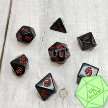 Load image into Gallery viewer, Classic Black Poly Dice Set With Red Numerals
