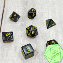 Load image into Gallery viewer, Classic Black Poly Dice Set With Yellow Numerals
